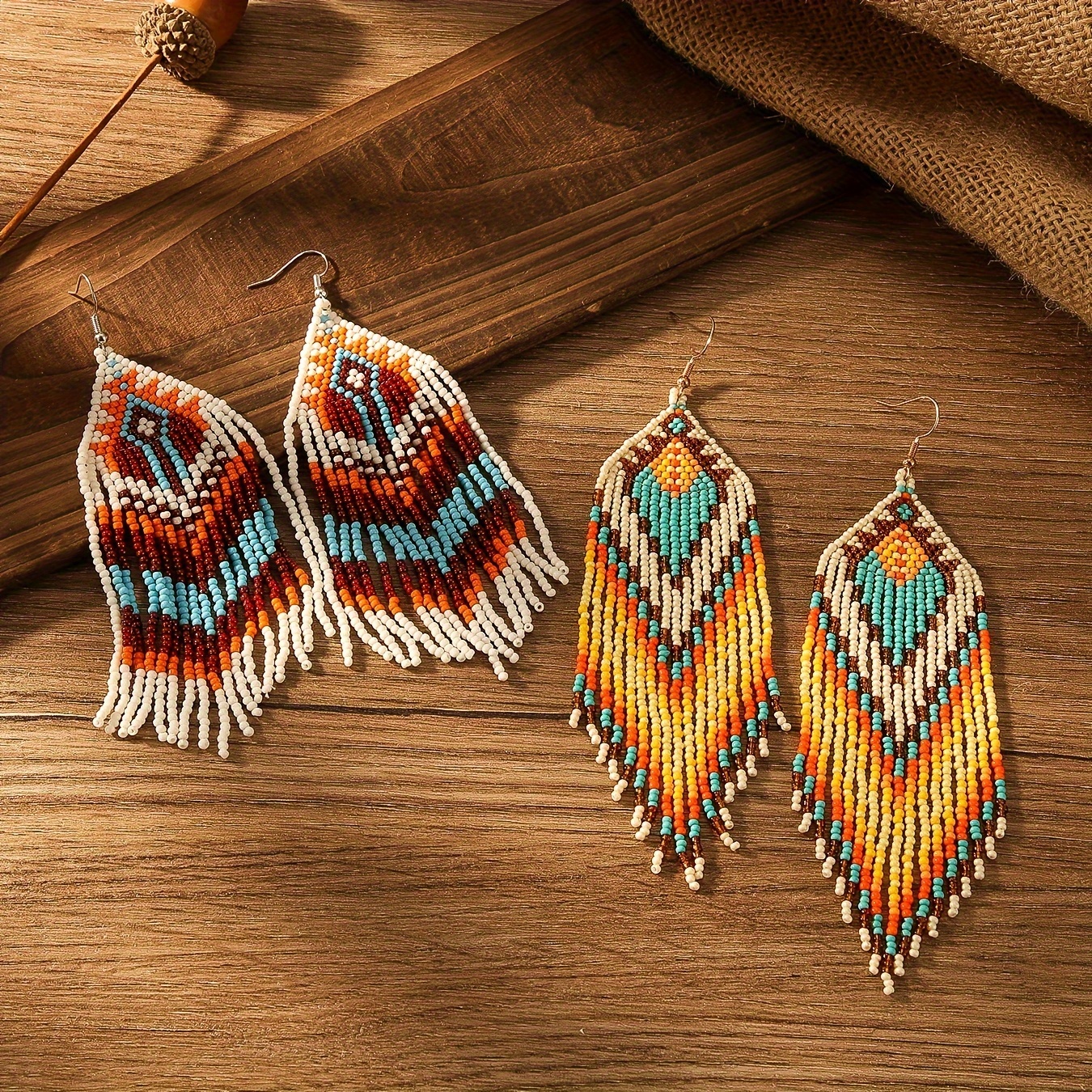 Hand-Beaded Woven Bohemian Style Tassel Drop Earrings